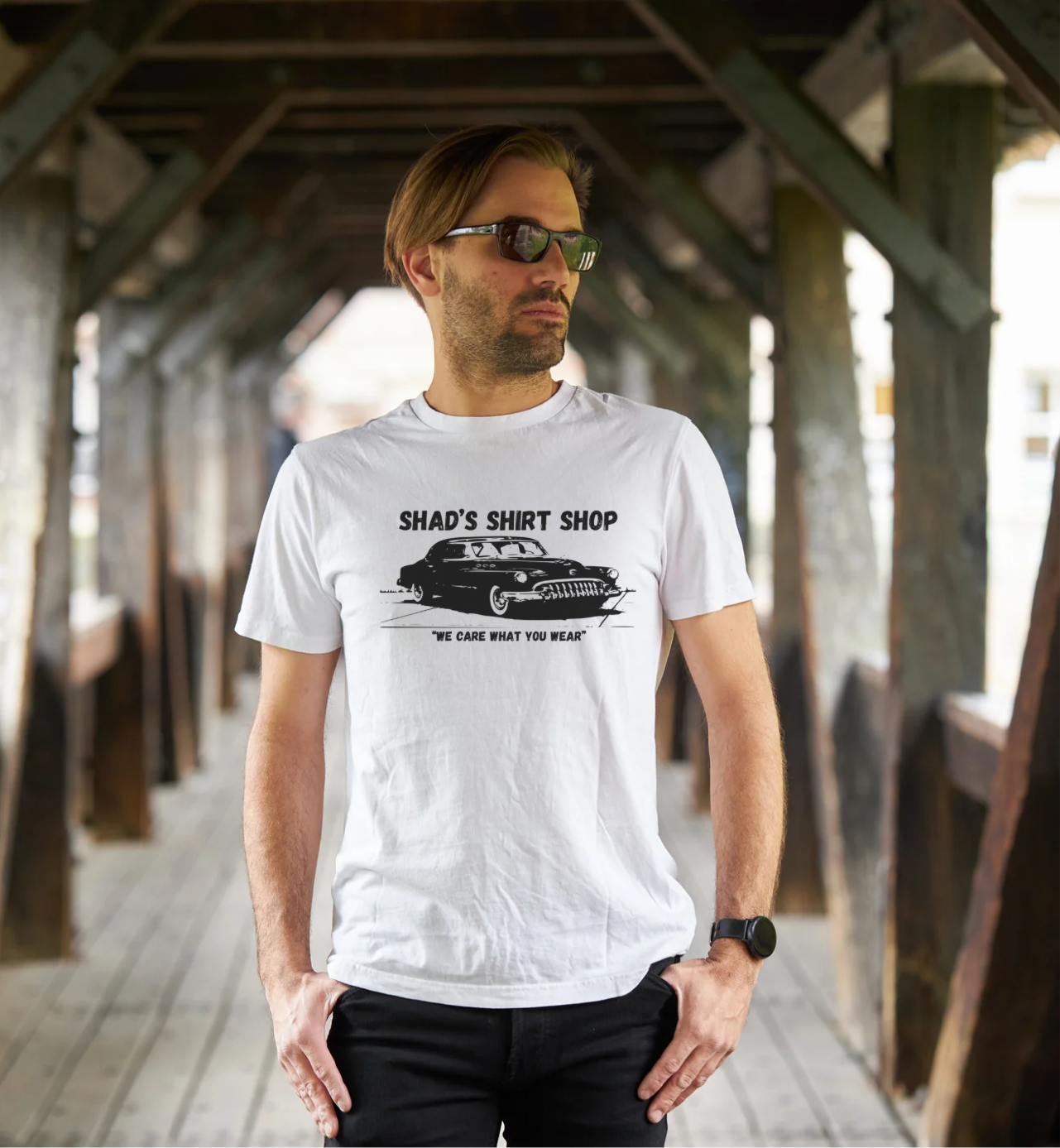 Unisex White Short Sleeve T-shirt with vintage car graphic