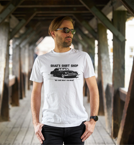 Unisex White Short Sleeve T-shirt with vintage car graphic