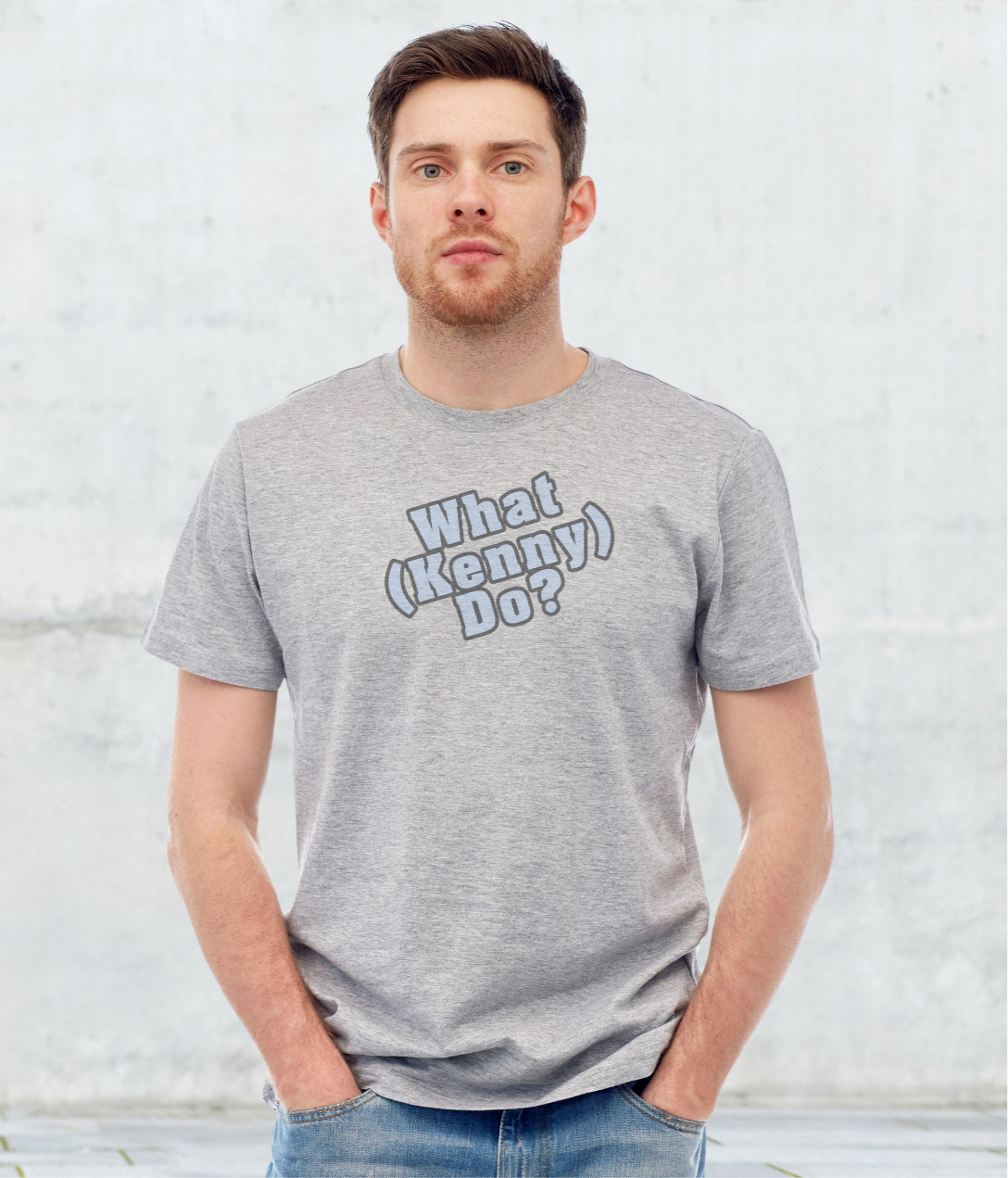 Grey short sleeve T-shirt with “What Kenny Do?” logo