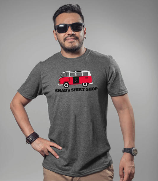 Unisex Grey Short Sleeve T-shirt with “Shads Shirt Shop” logo