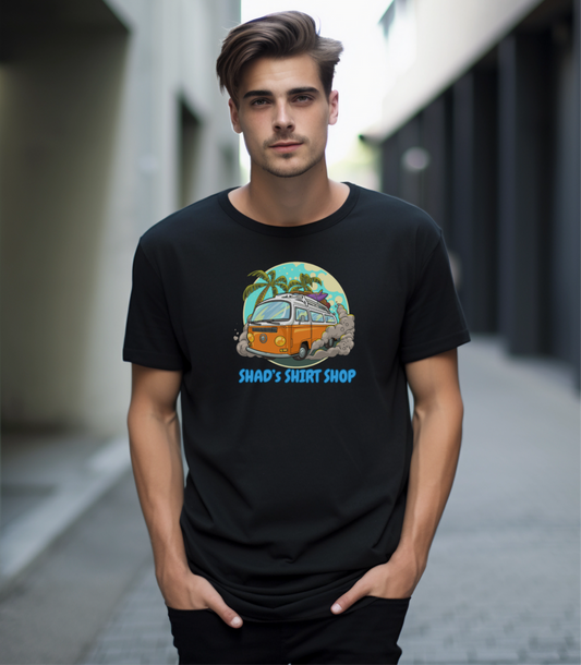 Unisex Black Short Sleeve T-shirt with surf bus graphic