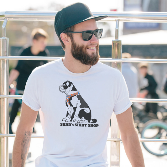 Unisex White Short Sleeve T-shirt with “Shads Shirt Shop Bob” logo