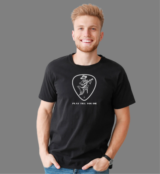 Unisex Black short sleeve T-shirt with “Play Till You Die” logo