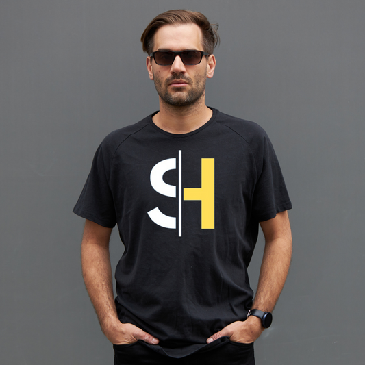 Unisex Black short sleeve T-shirt with Shad Hartley logo